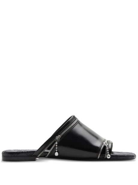 BURBERRY Black Leather Peep Sandals with Square Toe and Quilted Insole