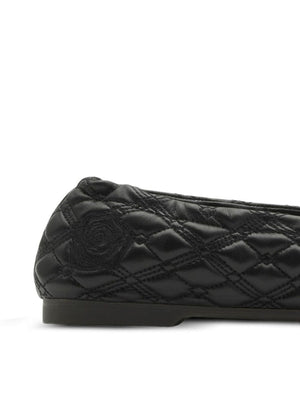 BURBERRY Black Leather Ballet Flats with Quilted Equestrian Knight Motif Embroidered Logo