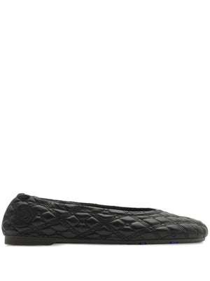 BURBERRY Black Leather Ballet Flats with Quilted Equestrian Knight Motif Embroidered Logo