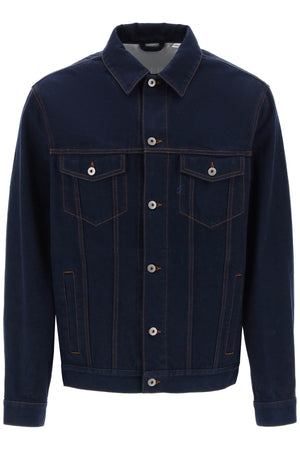 BURBERRY Navy Denim Jacket with Floral Print Cuffs for Men