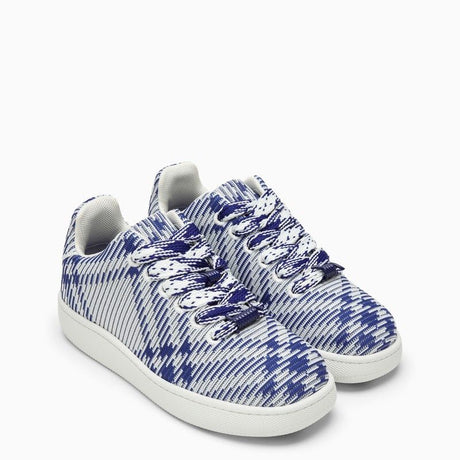 BURBERRY Men's White and Blue Check Pattern Stretch Sneaker