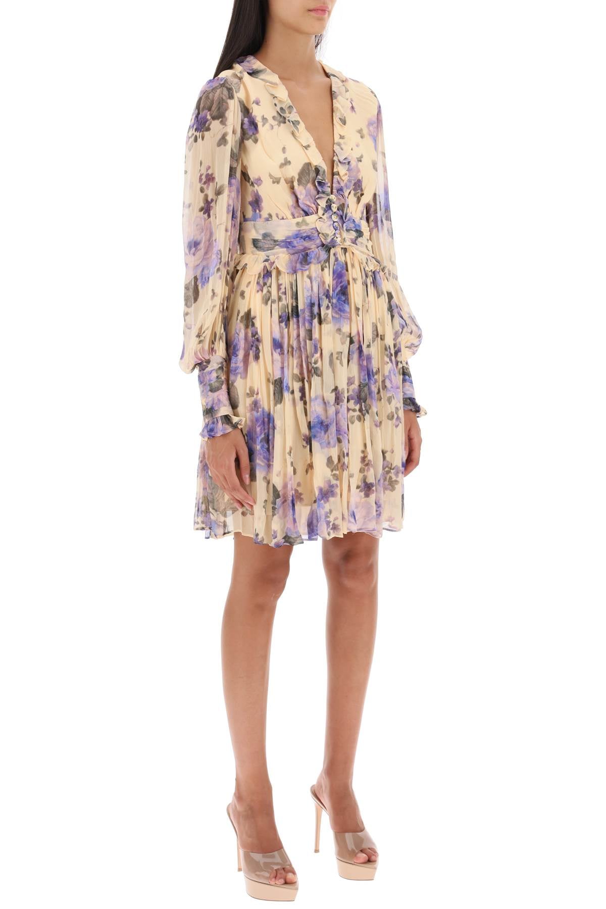 ZIMMERMANN Lyrical Chiffon Mini Dress for Women - Floral Print Long Sleeve Dress with V-Neckline and Circle Skirt