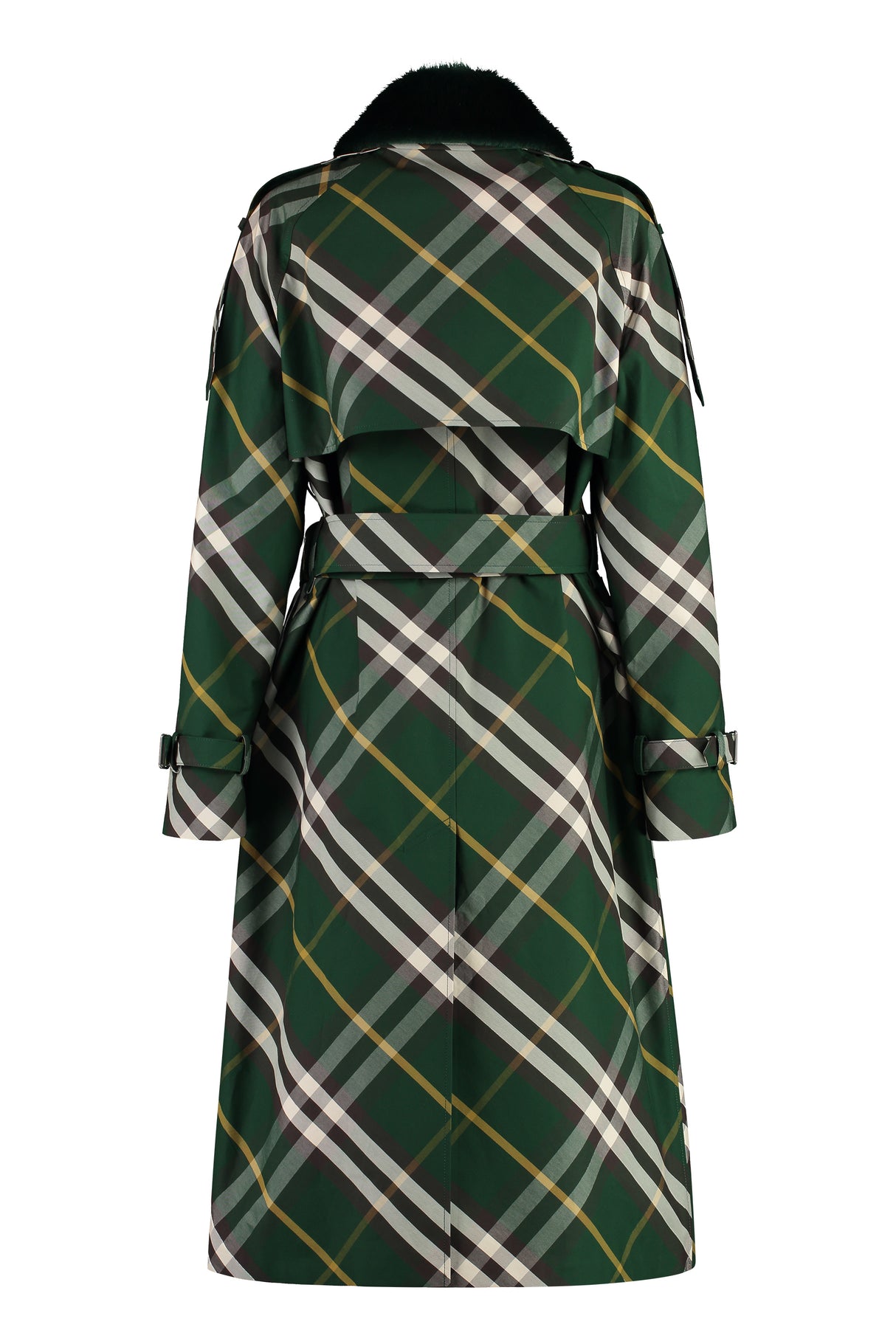 BURBERRY Green Women's Cotton Trench Coat with Check Motif and Eco-Fur Insert