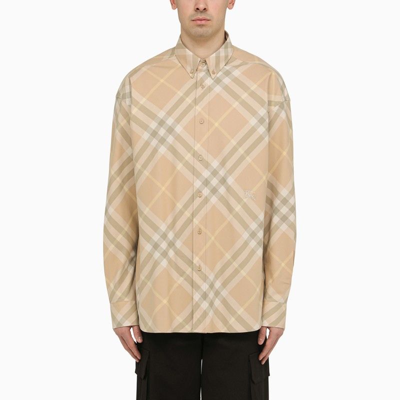 BURBERRY Beige Check Print Button-Down Shirt for Men