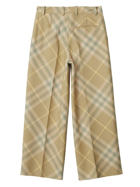 BURBERRY Beige Wool Check Print Straight Leg Trousers for Women