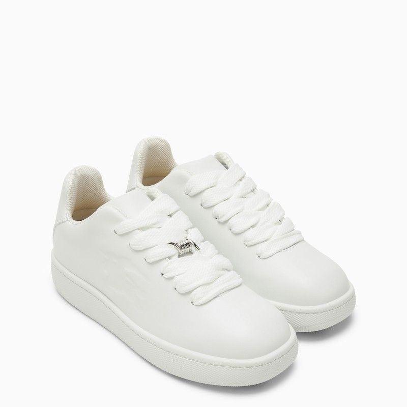 BURBERRY White Leather Sneaker with Tone-On-Tone Lace-Up Closure and Logoed Rubber Sole