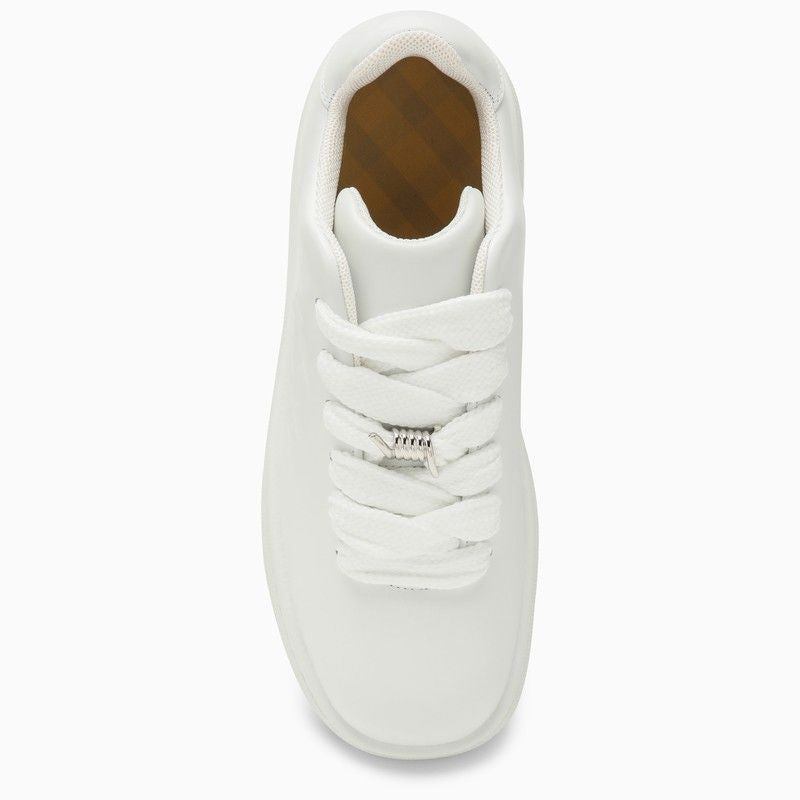 BURBERRY White Leather Sneaker with Tone-On-Tone Lace-Up Closure and Logoed Rubber Sole