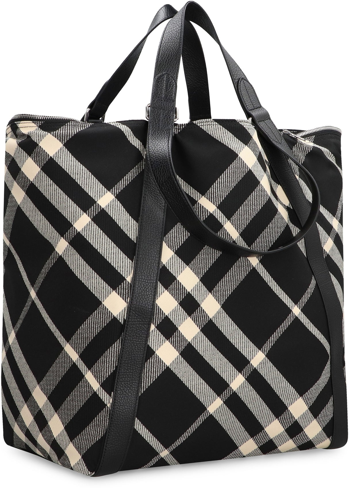 BURBERRY Men's Black Check Pattern Tote Handbag with Leather Handles and Zippered Pockets