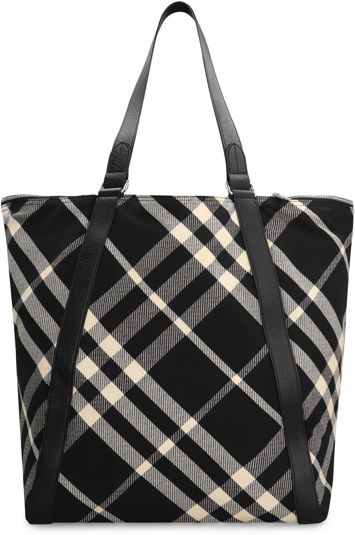 BURBERRY Men's Black Tartan Motif Tote Handbag with Leather Details and Multiple Pockets