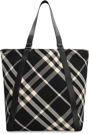 BURBERRY Men's Black Check Pattern Tote Handbag with Leather Handles and Zippered Pockets