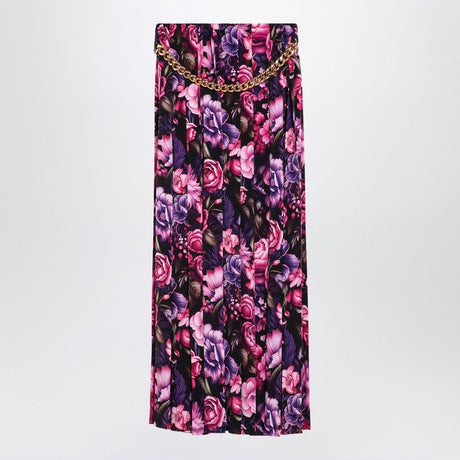 BALENCIAGA Long Pleated Floral Skirt with Chain Detail