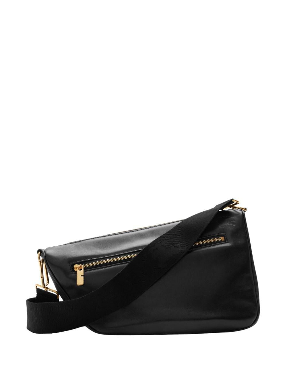 BURBERRY Black Leather Messenger Shield Medium Shoulder Bag with Gold-Tone Hardware, 34x14x19 cm