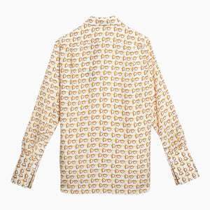 BURBERRY White Silk Shirt with Gold Pattern - Pointed Collar, Long Sleeves, Front Button Placket