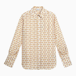 BURBERRY White Silk Shirt with Gold Pattern - Pointed Collar, Long Sleeves, Front Button Placket
