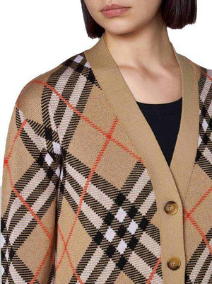 BURBERRY Check Wool Blend V-Neck Cardigan