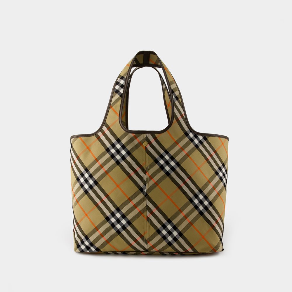 BURBERRY Medium Checkered Cotton Twill Tote with Leather Accents