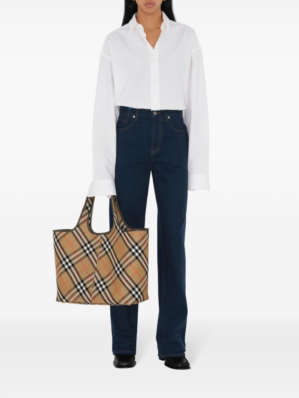 BURBERRY Medium Checkered Cotton Twill Tote with Leather Accents