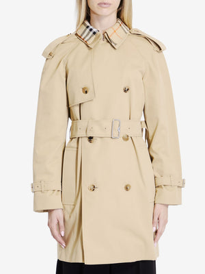 BURBERRY Classic Beige Cotton Raincoat with Check Detail