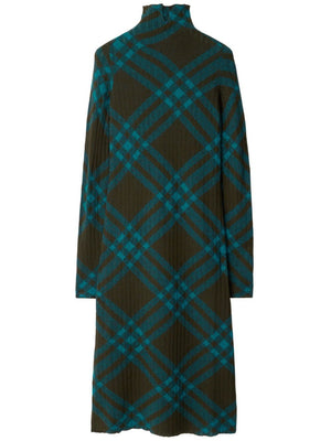 BURBERRY Slim Fit Wool-Blend Dress with Check Pattern - Long Sleeve High Collar