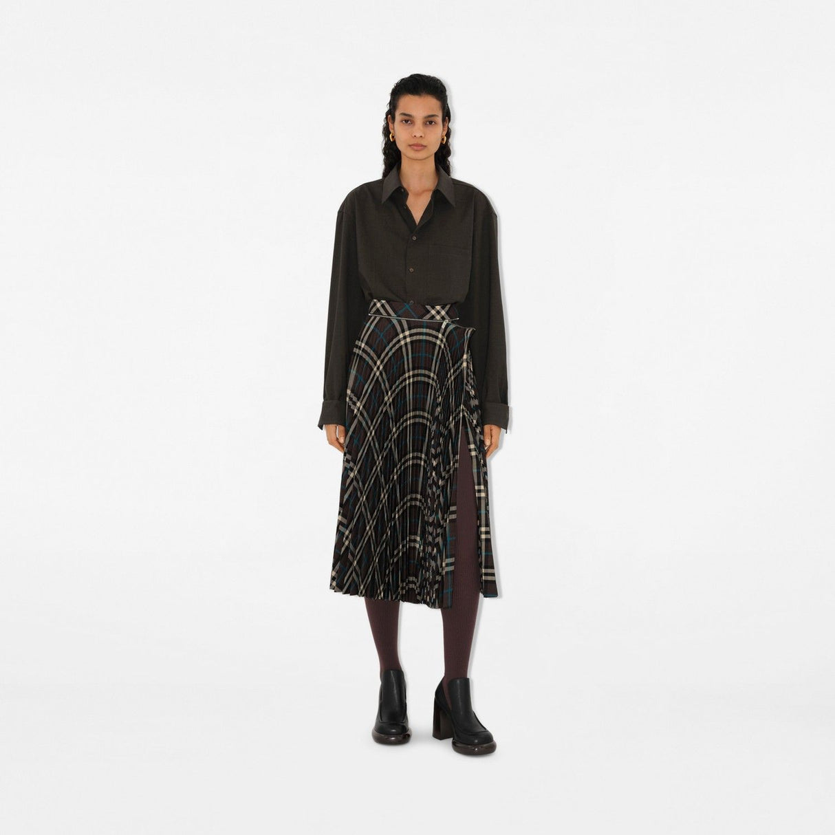 BURBERRY Check Patterned Wool Pleated Skirt with Side Slit