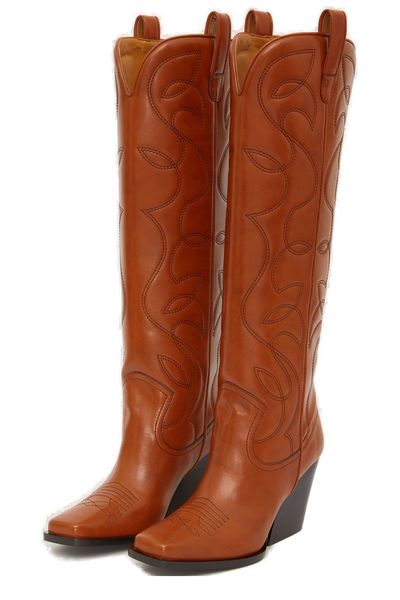 STELLA MCCARTNEY Brown Vegan Cowboy Boots with Double-Stitch Embroidery