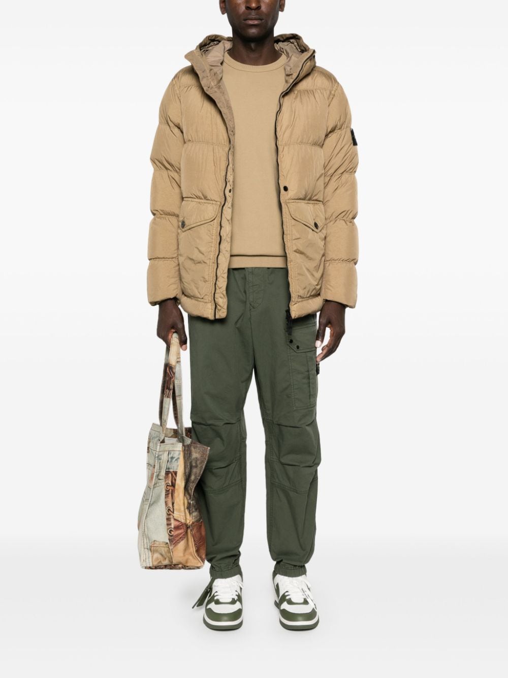 STONE ISLAND Eco-Conscious Camel Brown Down Jacket with Detachable Hood