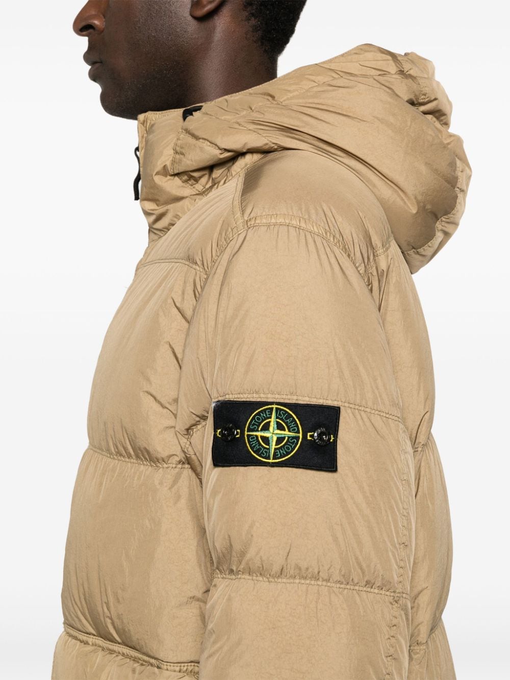 STONE ISLAND Eco-Conscious Camel Brown Down Jacket with Detachable Hood