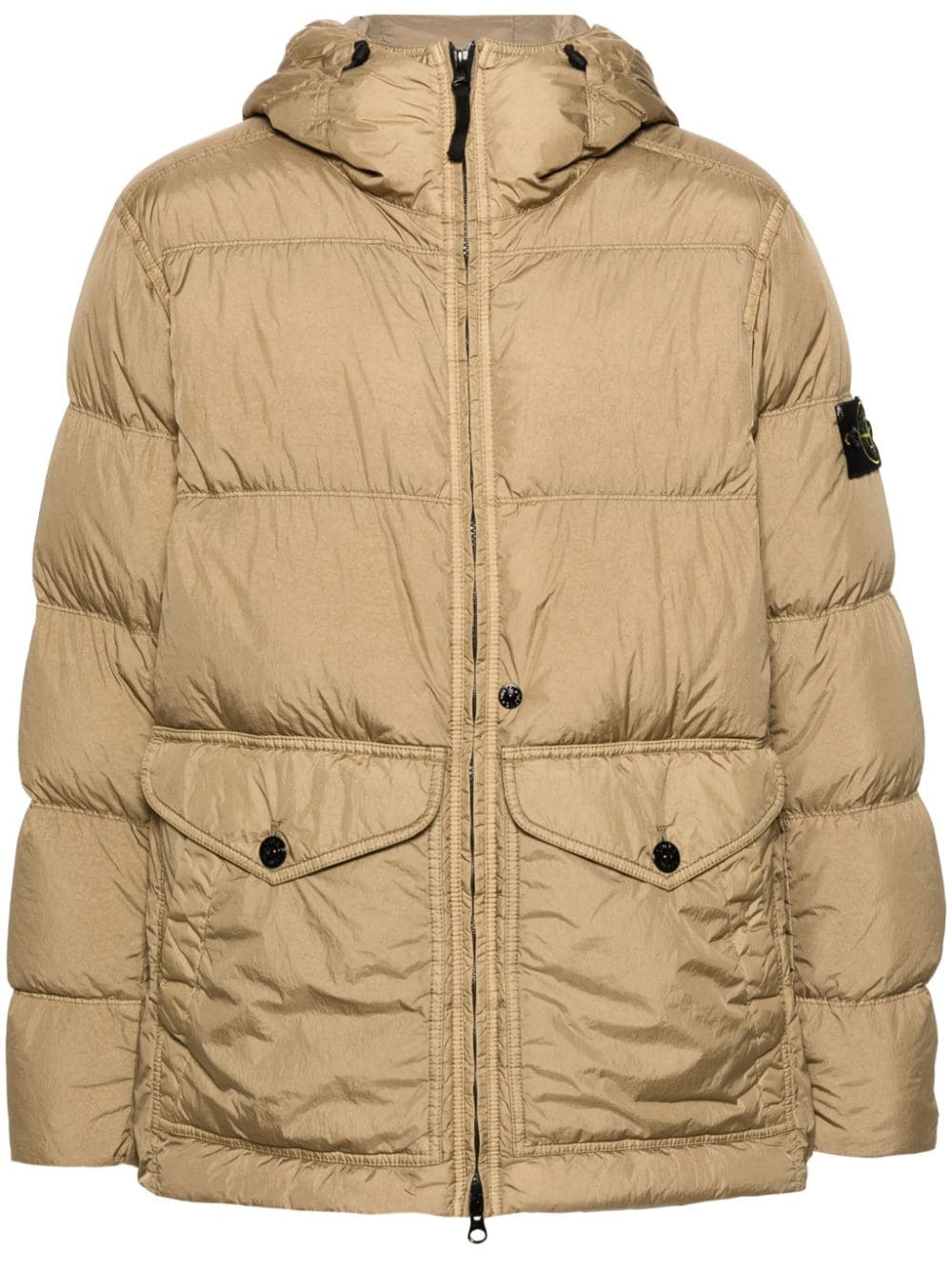 STONE ISLAND Eco-Conscious Camel Brown Down Jacket with Detachable Hood