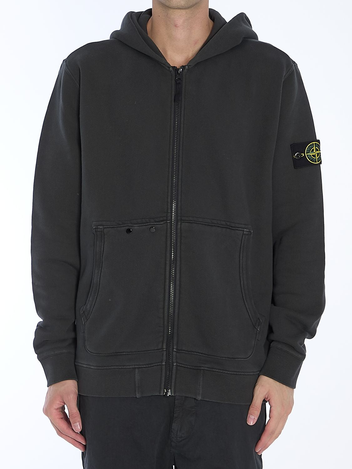 STONE ISLAND Men's Zip-Up Hoodie with Compass Patch - Regular Fit