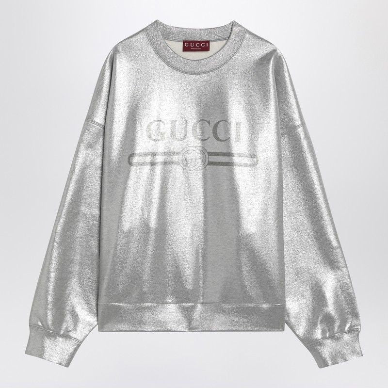 GUCCI Laminated Cotton Silver Sweatshirt with Logo - Women's