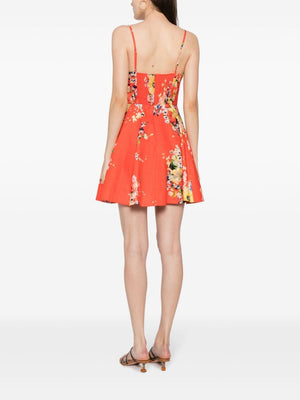 ZIMMERMANN Floral Print Linen Flared Mini Dress - Bright Red/Multicolour