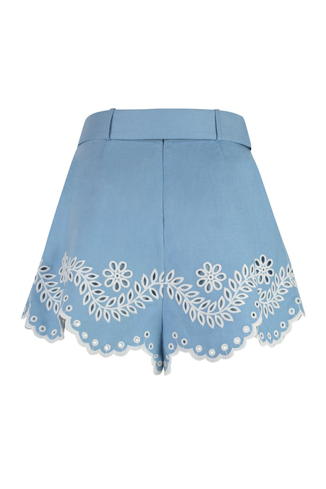 Navy Blue Embroidered Linen Shorts - Women's High-Waisted
