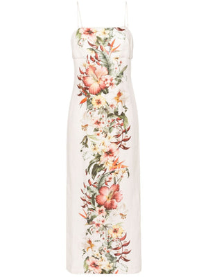 Ivory White Floral Linen Pencil Dress with Scalloped Raffia Trim and Two Detachable Straps