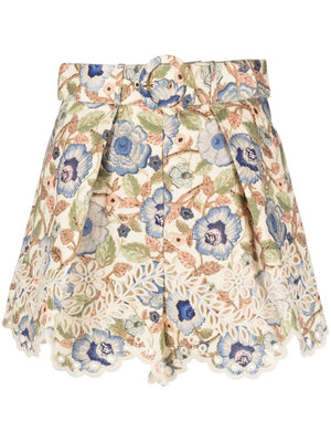 ZIMMERMANN Multicolour Floral Embroidered Linen Shorts in High-Waisted Style