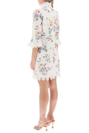 ZIMMERMANN Floral Printed Linen Mini Dress with Lace Trim and Flounce Sleeves