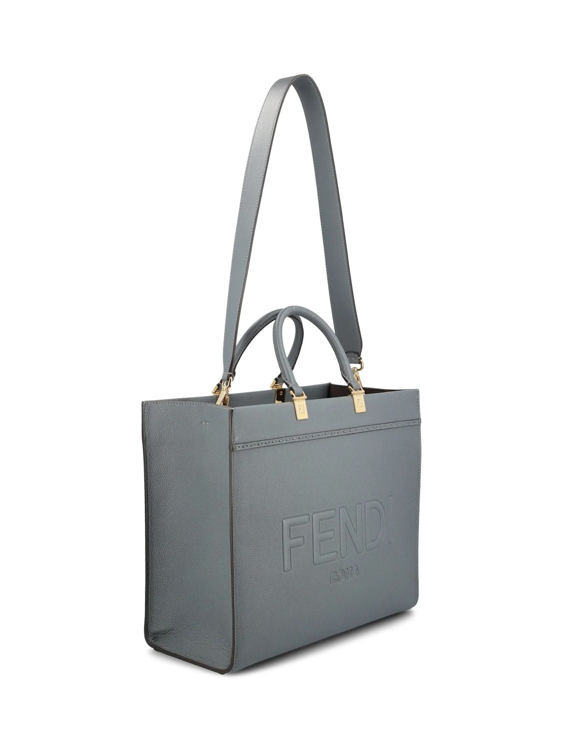 FENDI Navy Pebbled Calfskin Medium Tote with Gold-Tone Hardware and Suede Lining