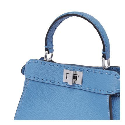 FENDI Light Blue Grained Leather Mini Handbag with Tone-on-Tone Stitching and Palladium Hardware