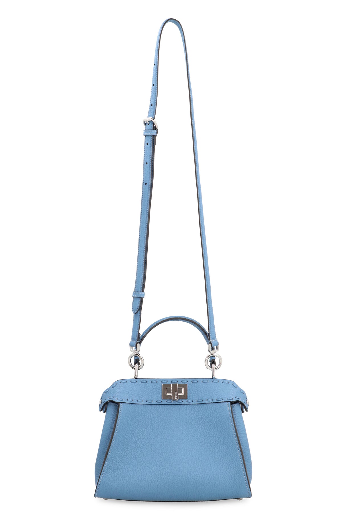 FENDI Light Blue Grained Leather Mini Handbag with Tone-on-Tone Stitching and Palladium Hardware