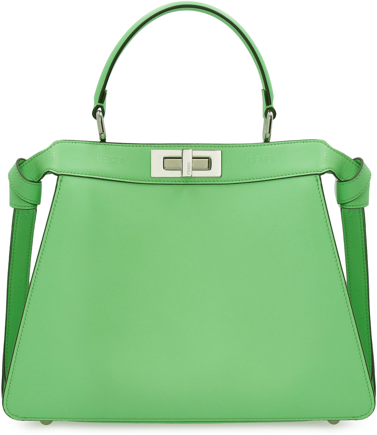 FENDI Green Leather Handbag with Metal Double Turn Lock and Removable Shoulder Strap