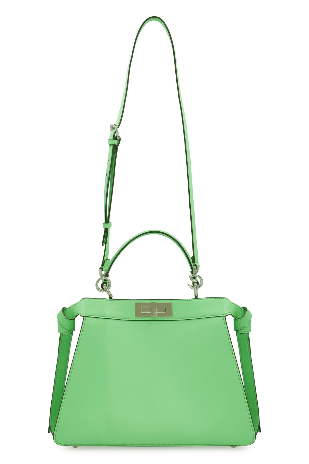 FENDI Green Leather Handbag with Metal Double Turn Lock and Removable Shoulder Strap