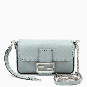 FENDI Mini Baguette Light Blue Leather Handbag with Stitch Detail and Convertible Straps