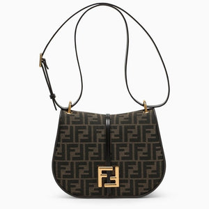 FENDI Brown Jacquard Medium Crossbody Handbag with Leather Accents and Gold-Tone FF Logo Closure