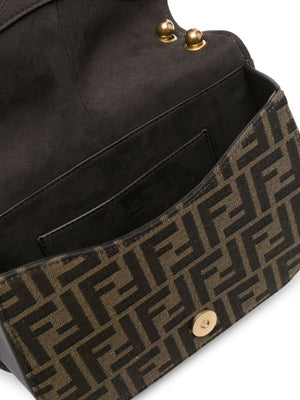 FENDI Brown Jacquard Medium Crossbody Handbag with Leather Accents and Gold-Tone FF Logo Closure