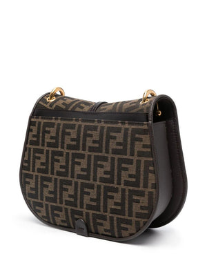 FENDI Brown Jacquard Medium Crossbody Handbag with Leather Accents and Gold-Tone FF Logo Closure