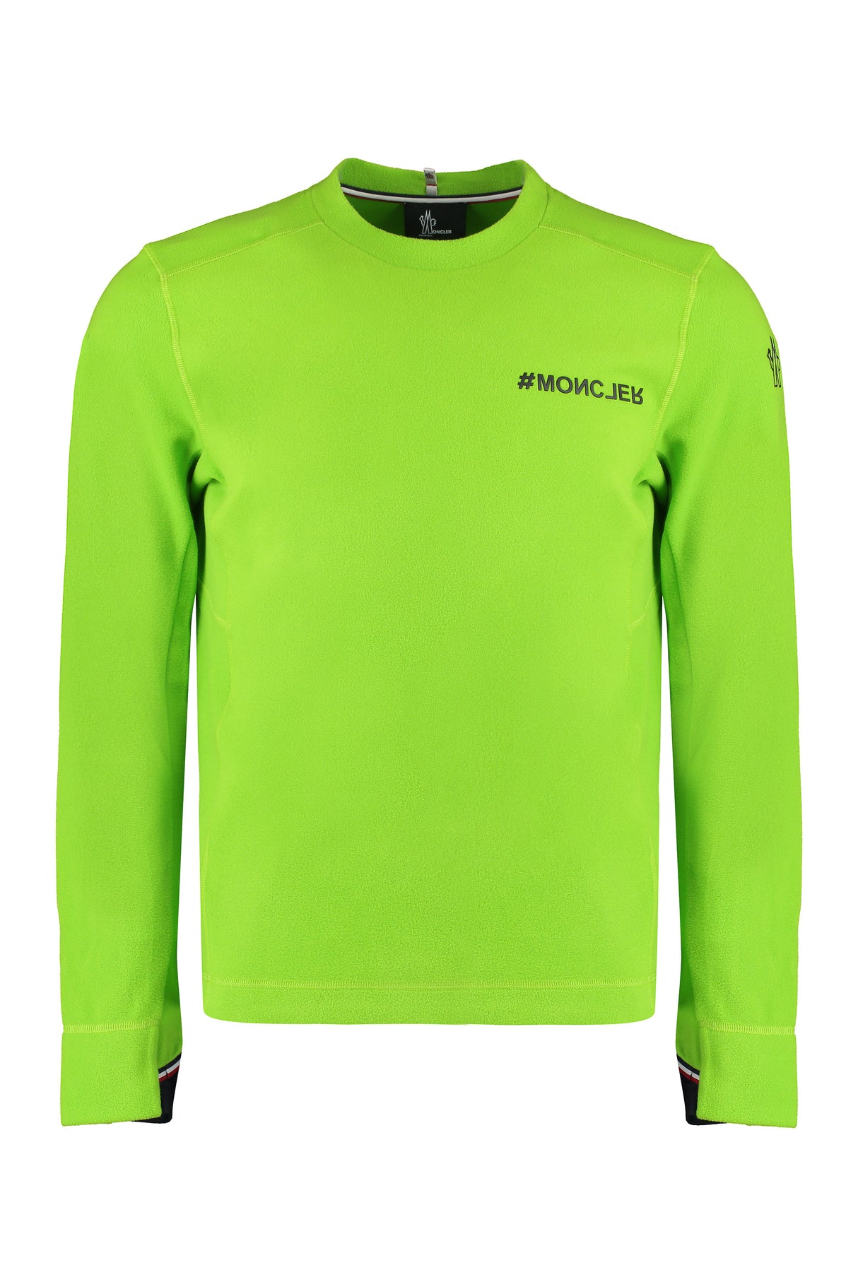 MONCLER GRENOBLE Men's Green Fleece Sweatshirt with Contrasting Color Logo and Thumbhole Cuff