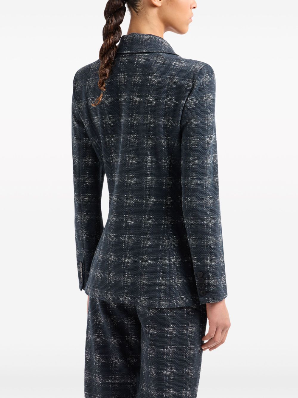 EMPORIO ARMANI Navy Blue Stretch Blazer Jacket with Check Pattern and Notched Lapels for Women