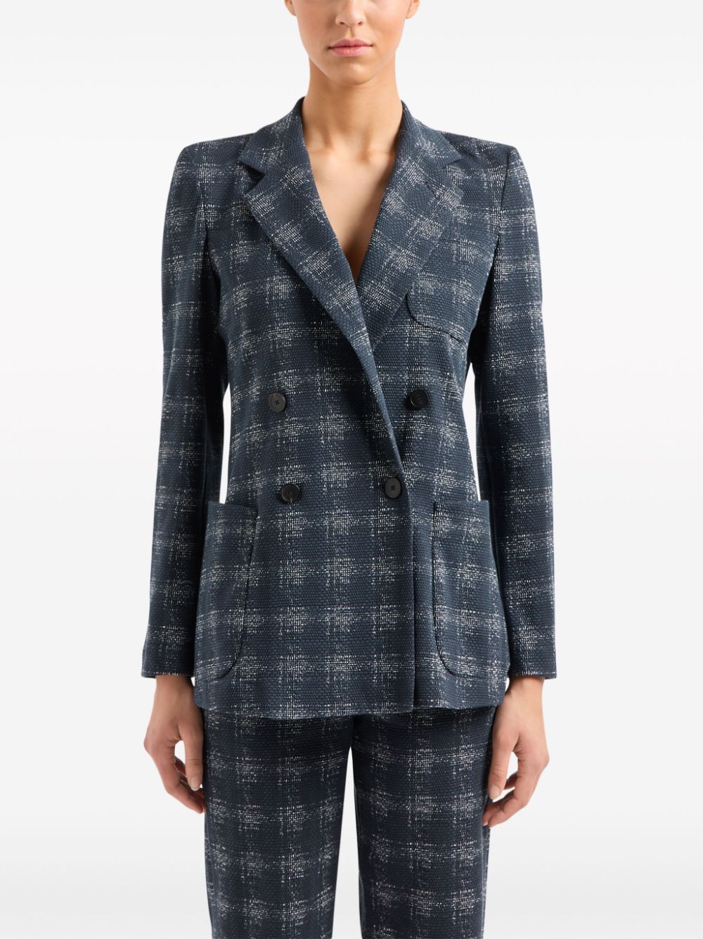 EMPORIO ARMANI Navy Blue Stretch Blazer Jacket with Check Pattern and Notched Lapels for Women