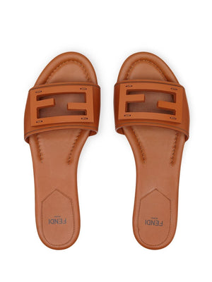 FENDI Logo Patch Calf Leather Slide Sandals