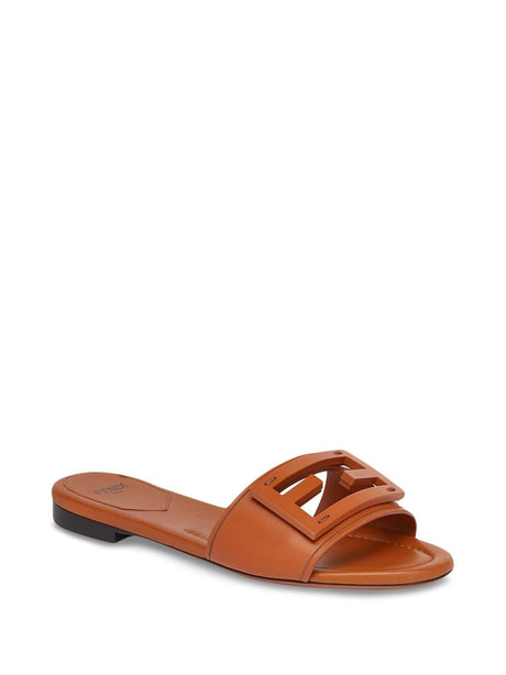 FENDI Brown Leather Slide Sandals with FF Baguette Motif