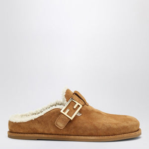 FENDI Beige Suede Sabot with Gold Logo Strap